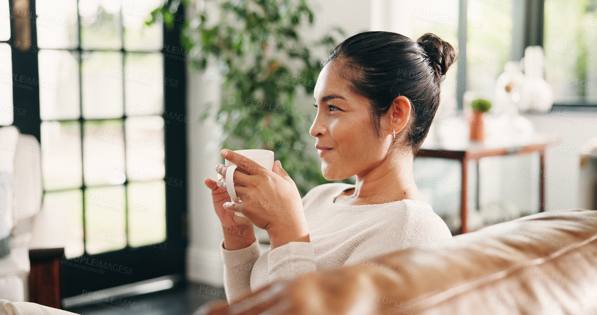 Buy stock photo Woman, resting and thinking with coffee on couch, home and decision with caffeine, happy or remember. Morning, reflection and person with hot beverage on break, thoughtful and smile with tea in house