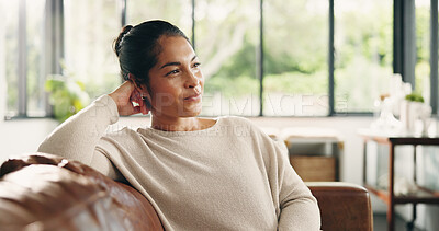 Buy stock photo Sofa, thinking and woman in home with smile for inspiration, break or resting in lounge. Daydreaming, calm and mature female person in living room for reflection, relax and contemplating on couch