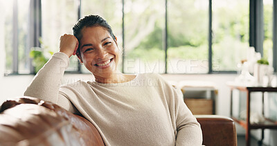Buy stock photo Portrait, relax or happy woman on sofa with smile in living room in home, house or apartment. Face, comfortable lady or female person on couch with peace or confidence resting on break for wellness