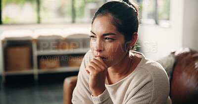 Buy stock photo Sofa, reflection and woman in home with relax for inspiration, break or resting in lounge. Daydreaming, calm and female person in living room for thinking, smile and contemplating on couch in house