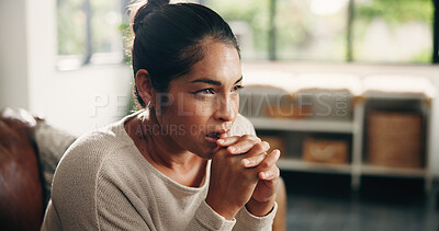 Buy stock photo Couch, thinking and woman in home with idea for inspiration, break or resting in lounge. Daydreaming, calm and female person in living room for reflection, relax and contemplating on sofa in house