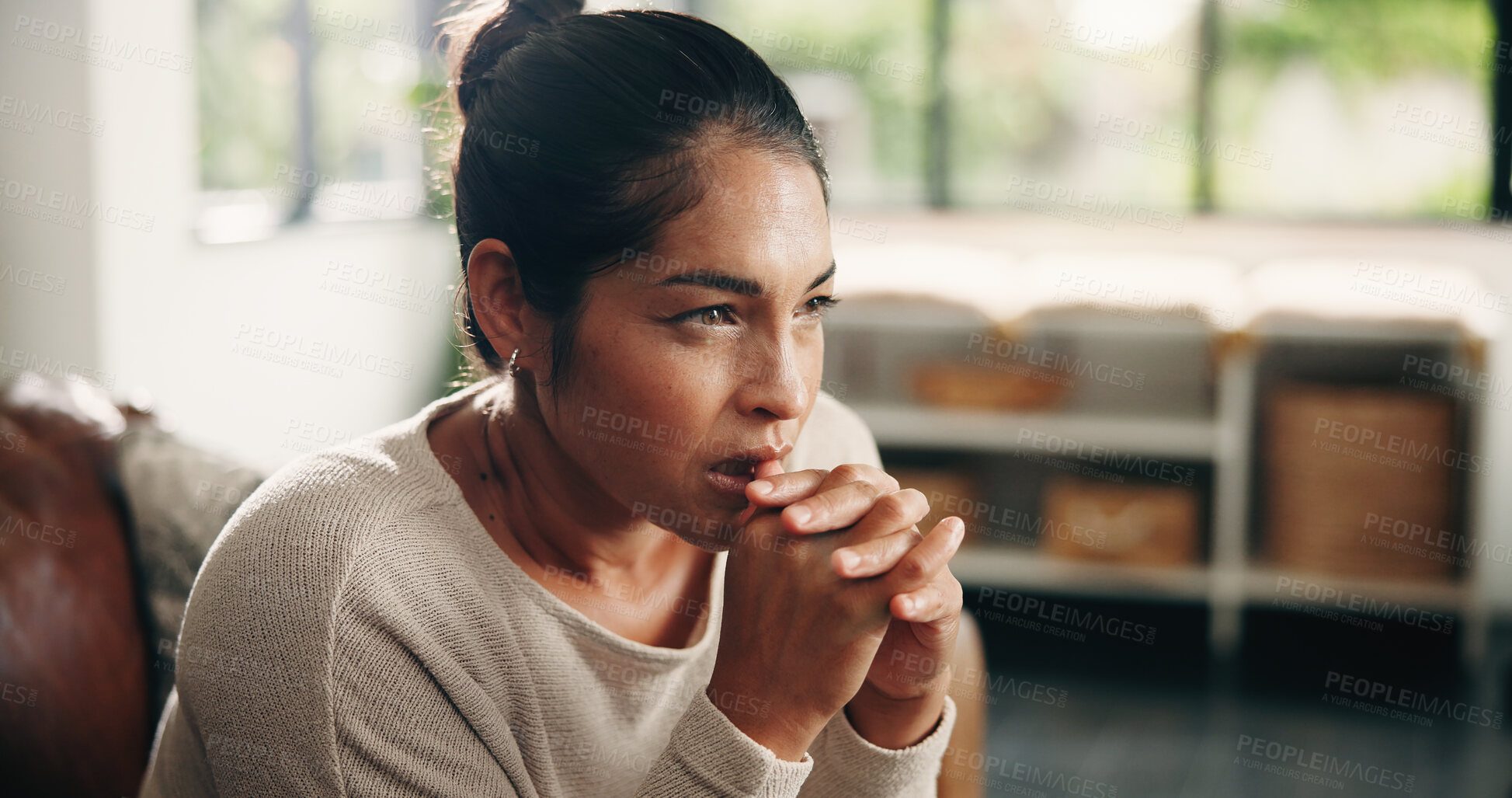 Buy stock photo Couch, thinking and woman in home with idea for inspiration, break or resting in lounge. Daydreaming, calm and female person in living room for reflection, relax and contemplating on sofa in house