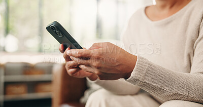 Buy stock photo Woman, hands and texting with phone in home for social media, communication or network. Scroll, female person or user browsing on mobile smartphone app or research for online chat or typing in house