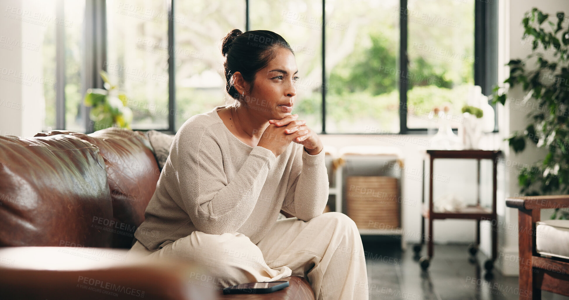 Buy stock photo Sofa, thinking and woman in home with planning for inspiration, break or resting in lounge. Daydreaming, calm and mature person in living room for reflection, relax or contemplating on couch in house