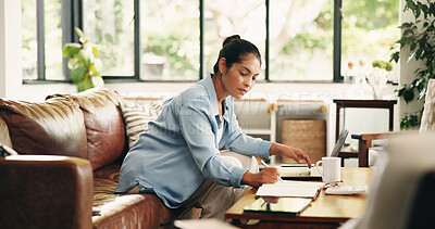 Buy stock photo Budget, laptop and woman on sofa with notebook for finance review, online banking and payment. Writing, computer and person with documents for planning expenses, income and financial report in home