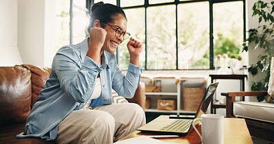 Buy stock photo Happy woman, winning and sofa with laptop in home for achievement, bonus or promotion. Excited, female person or user with smile on computer for victory, success or business accomplishment in house