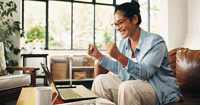 Buy stock photo Happy woman, winning and sofa with laptop for achievement, bonus or promotion in home. Excited, female person or user with smile on computer for victory, success or business accomplishment in house