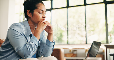 Buy stock photo Thinking, reading and laptop with woman on sofa in home for research, startup planning and account vision. Entrepreneur budget, problem solving and online with person in living room for remote work