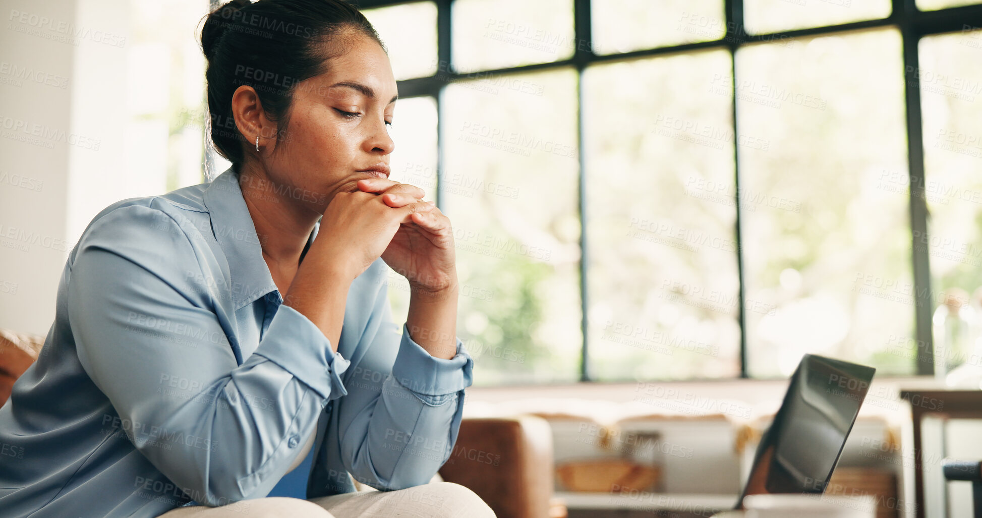 Buy stock photo Thinking, reading and laptop with woman on sofa in home for research, startup planning and account vision. Entrepreneur budget, problem solving and online with person in living room for remote work