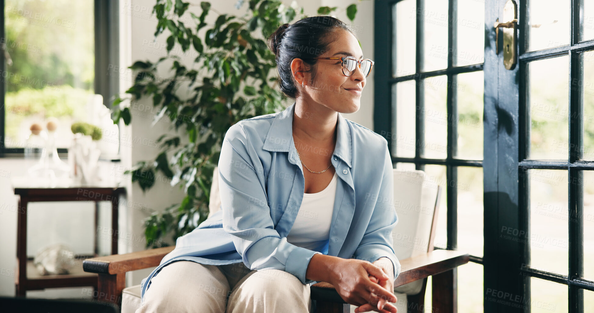 Buy stock photo Happy, woman and thinking with glasses, home and memory on break, thoughtful and decision in lounge. Daydreaming, person and smile with eyewear on weekend, remember and relax with nostalgia or wonder