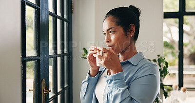 Buy stock photo Woman, thinking and door with coffee for morning ambition, vision or starting day in home. Thoughtful, female person or wonder with mug, beverage or drink by window for beginning or contemplation