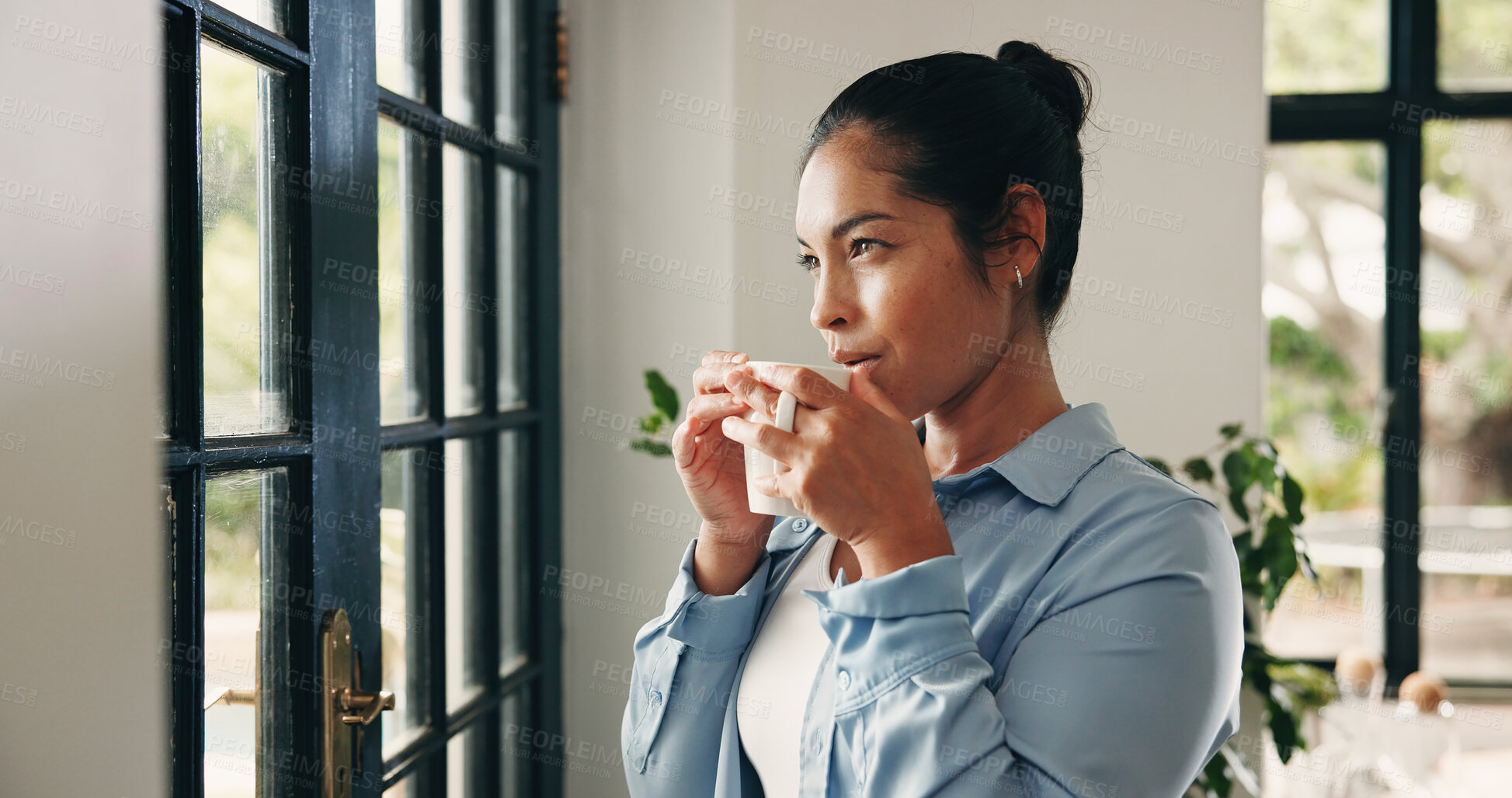 Buy stock photo Woman, thinking and door with coffee for morning ambition, vision or starting day in home. Thoughtful, female person or wonder with mug, beverage or drink by window for beginning or contemplation