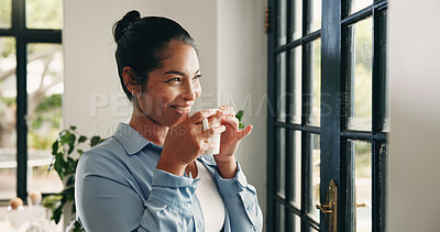 Buy stock photo Break, woman and thinking with coffee, window and decision with caffeine, happy and remember in home. Morning, reflection and person with hot beverage on weekend, memory and smile with tea in house