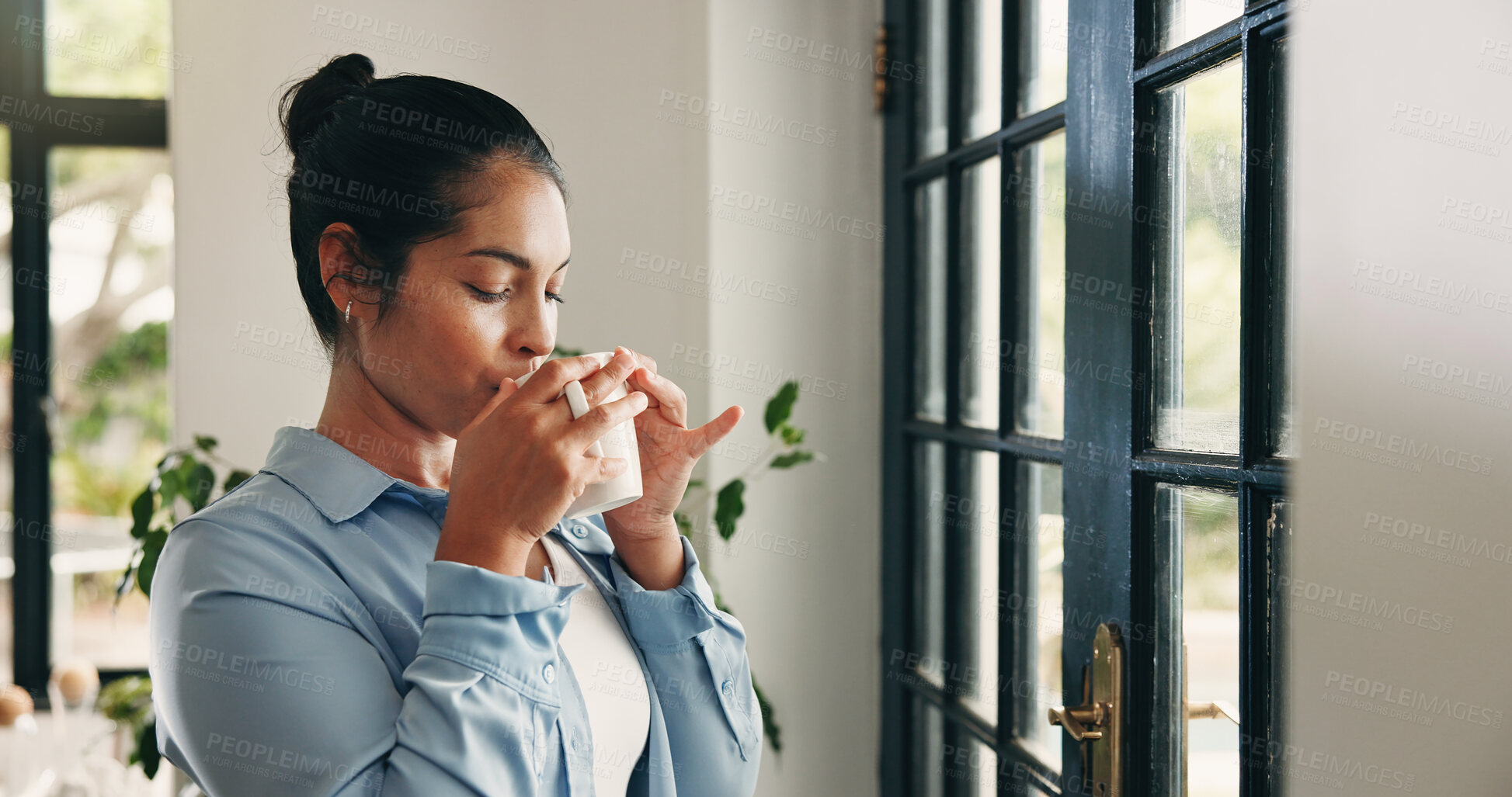 Buy stock photo Coffee, thinking and woman by window in home with drink for wellness, calm and thoughtful in morning. House, peace and person with beverage for reflection, inspiration and perspective in living room