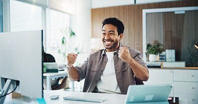 Buy stock photo Man, fist pump and celebration with computer at office for goal, promotion or bonus at media company. Person, writer and excited for success with achievement, announcement or notification at agency