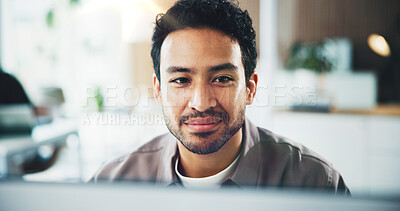Buy stock photo Computer, feedback and businessman in office with reading email for research on creative project. Technology, communication and male magazine editor working on article for publishing at agency.