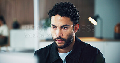 Buy stock photo Businessman, agent or serious with computer in office for business deadline or project. Man, employee or designer with vision or planning for company development, growth or improvement in workplace