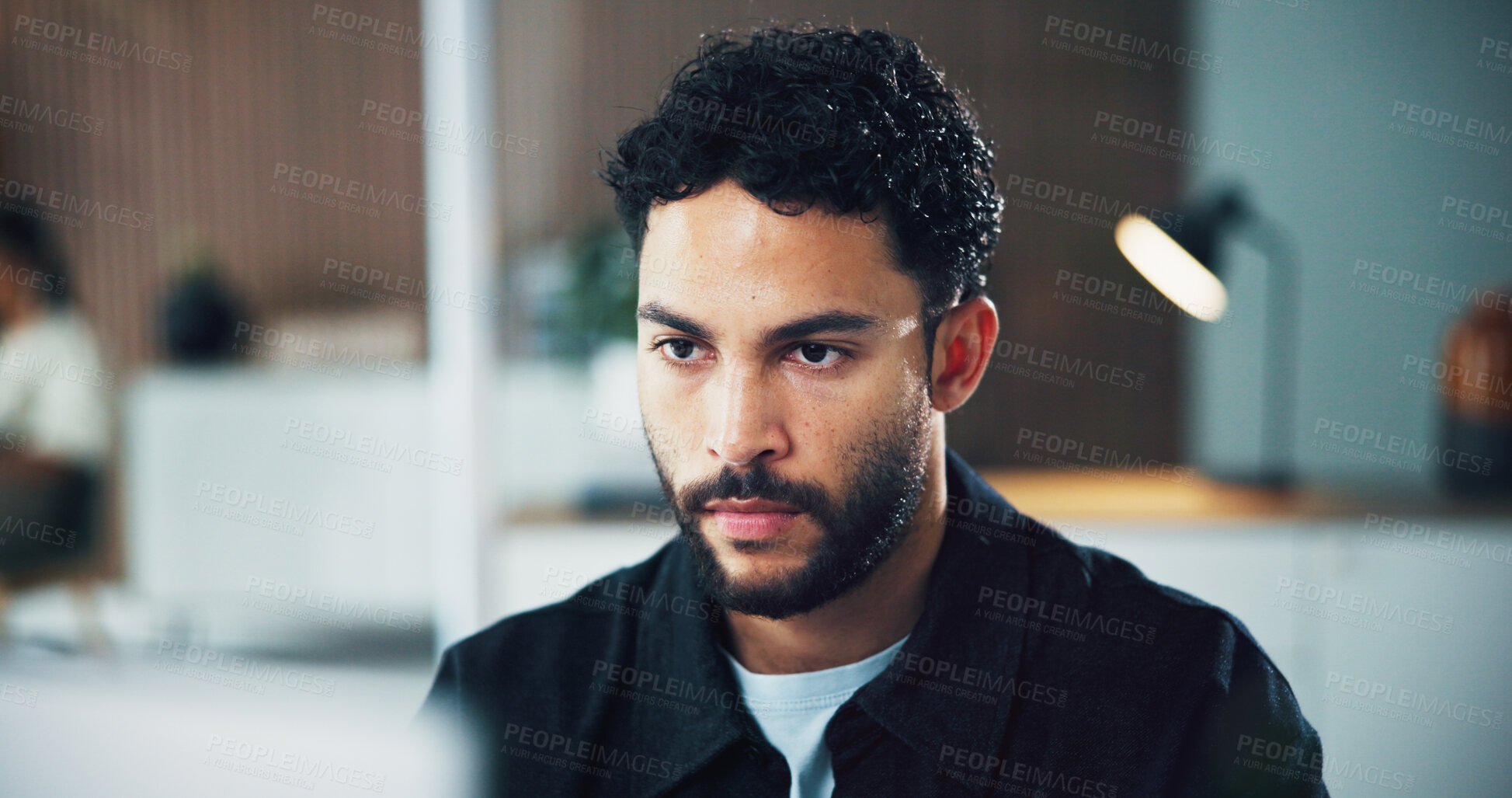 Buy stock photo Businessman, agent or serious with computer in office for business deadline or project. Man, employee or designer with vision or planning for company development, growth or improvement in workplace