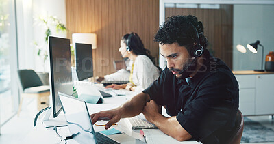 Buy stock photo Call center, laptop or man in office, internet for customer service or headset for communication. Person, consultation or employee in workplace, computer or website for online assistance or help desk