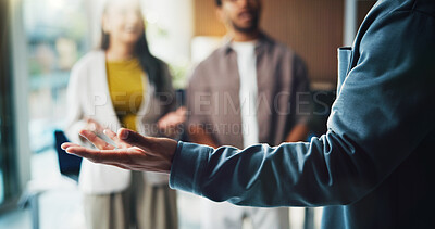 Buy stock photo Meeting, talking and hands of man with business people in office for feedback, planning and advice. Finance, agency and manager with team for collaboration, discussion or speaking for profit increase