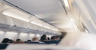 Buy stock photo Airplane, cabin and people in row for tourism with flying, transportation services or global journey. Plane, group and passenger on international trip, back or relax with airline on flight for travel
