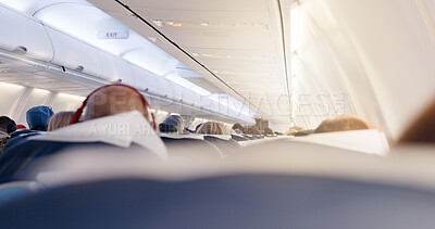 Buy stock photo Airplane, cabin and people in row for trip with flying, transportation services or global journey. Plane, group and passenger on international flight, tourism or relax with back on airline for travel