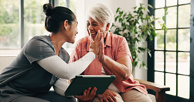 Buy stock photo Healthcare, high five or tablet with nurse and old woman in home for celebration of test results. App, medical or success with caregiver and senior patient in assisted living facility for motivation