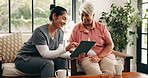 Medical, tablet or talking with nurse and old woman in home living room for feedback or review. App, conversation or healthcare checkup with caregiver and senior patient in apartment for diagnosis