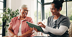 Healthcare, laughing or tablet with nurse and old woman in home living room for feedback or review. App, funny or medical checkup with caregiver and senior patient in apartment for diagnosis