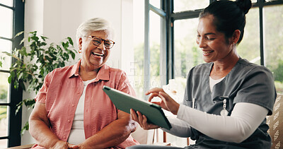 Buy stock photo Healthcare, laughing or tablet with nurse and old woman in home living room for feedback or review. App, funny or medical checkup with caregiver and senior patient in apartment for diagnosis