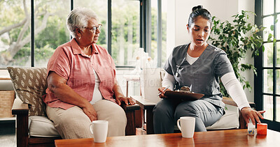 Buy stock photo Clipboard, healthcare or medication with nurse and old woman in home living room for consulting. Conversation, medical checkup or prescription with caregiver and senior patient in retirement for dose