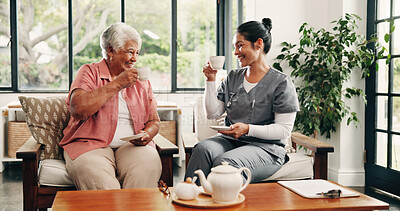 Buy stock photo Caregiver, smile and drinking tea in nursing home with old woman, visit and support for bonding together. Happy people, senior person and nurse in retirement center with beverage, trust and kindness.