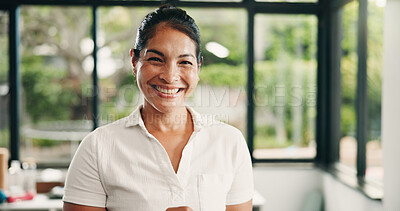 Buy stock photo Physiotherapist, portrait or Asian woman in clinic with smile, about us or experience in rehabilitation services. Happy, job or chiropractor with confidence, career or pride in healthcare industry.
