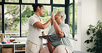 Physiotherapist, tablet or old woman with high five in clinic, checkup or healing progress celebration. Laughing, tech or senior person with specialist for mobility recovery, rehab success or smile
