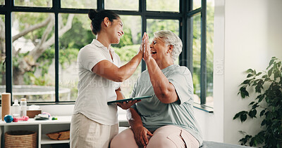 Buy stock photo Physiotherapist, tablet or old woman with high five in clinic, checkup or healing progress celebration. Laughing, tech or senior person with specialist for mobility recovery, rehab success or smile