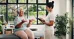 Tablet, physiotherapist and old woman with dumbbells,  laugh and exercise in fitness clinic. Tech, physical therapy and weightlifting with senior patient for muscle recovery, rehabilitation or funny