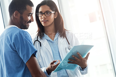 Buy stock photo Team, doctor and talking to nurse with folder for patient records, medical report and information. Hospital, people or document with surgery form, healthcare checklist and review script for treatment