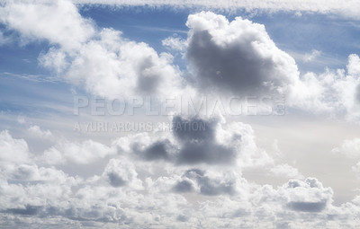 Buy stock photo Nature, blue sky and clouds in environment for climate, meteorology or conservation. Outdoor, fresh air and cloudscape for sustainability, weather or atmosphere for wind or ozone in stratosphere