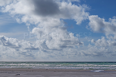Buy stock photo Beach, landscape and sky by sea with clouds, tropical environment and tourist holiday destination. Outdoor, tranquil island and ecology by ocean with waves, sustainability and scenic for vacation.