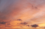 Beauty, sunset and sky with clouds in nature for climate change of atmospheric conditions. Landscape, cloudscape or evening dusk with meteorology for weather pattern, scenic view and forecast outdoor