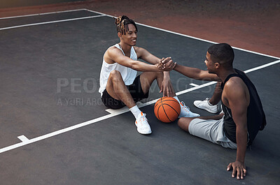 Buy stock photo Happy, friends and relax on basketball court with handshake, exercise break or support for fitness. People, smile and shaking hands outdoor with wellness, workout rest or teamwork for sports practice