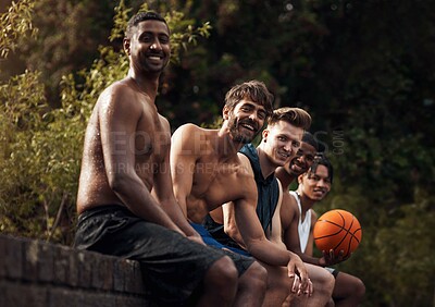 Buy stock photo Basketball, team and portrait with people on wall for sports, exercise or training break outdoors. Athlete, friends and relax together for bonding, hobby and rest from practice or game on court
