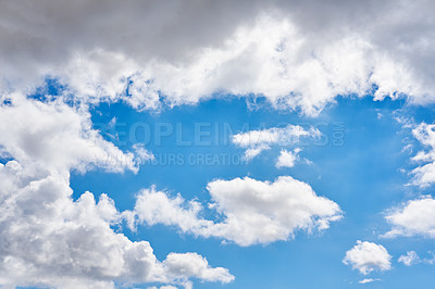Buy stock photo Nature, empty and clouds in blue sky for weather pattern, atmosphere and climate. Natural, background and scenic view of skyline space with aesthetic for texture, wallpaper and environment in morning