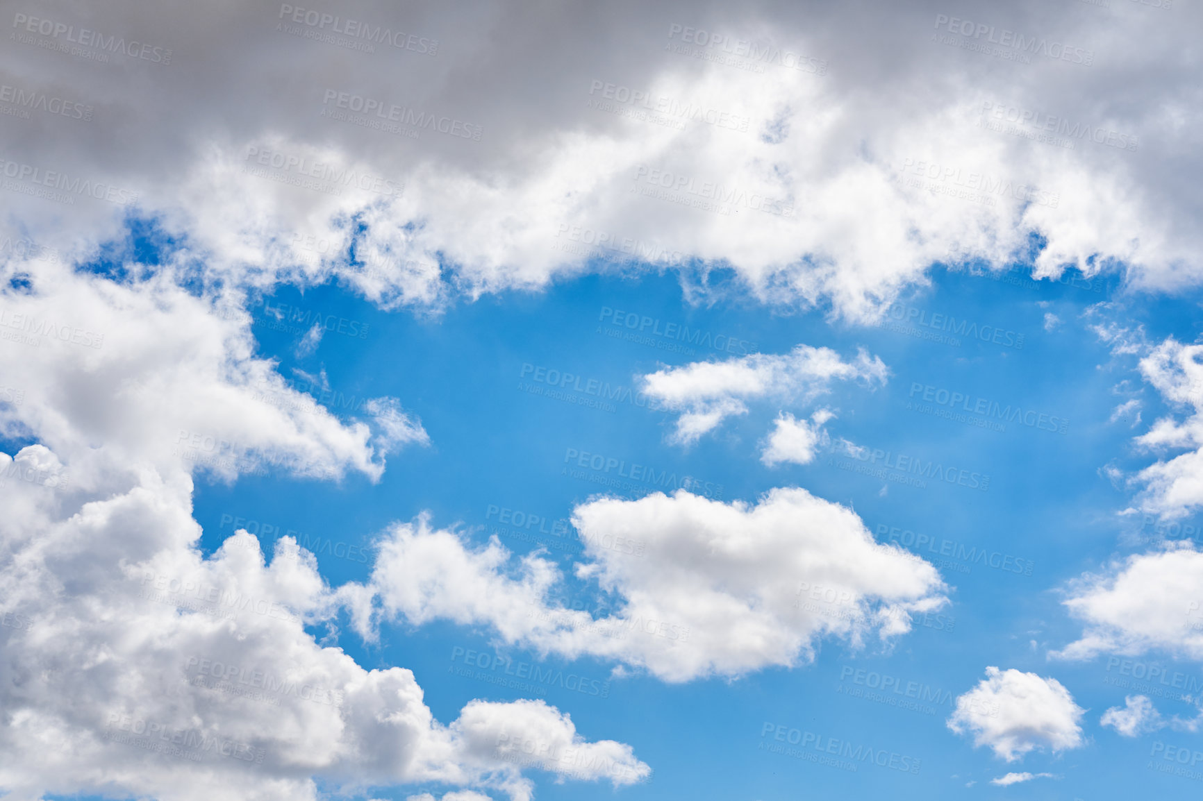Buy stock photo Nature, empty and clouds in blue sky for weather pattern, atmosphere and climate. Natural, background and scenic view of skyline space with aesthetic for texture, wallpaper and environment in morning