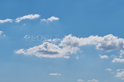 Buy stock photo Summer, empty and clouds in blue sky for weather pattern, atmosphere and climate. Natural, background and scenic view of skyline space with aesthetic for texture, wallpaper and element in environment
