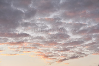 Buy stock photo Sunset, orange and sky with clouds for weather, atmosphere and empty space. Natural, background and air with sunshine in evening for aesthetic, wallpaper and scenic view for nature or climate