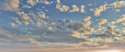 Buy stock photo Sunrise, pattern and blue sky with clouds for weather, atmosphere and empty space. Natural, background and air with sunshine in morning for aesthetic, wallpaper and scenery for nature or climate