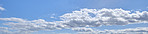 Nature, banner and clouds in blue sky for weather pattern, atmosphere and climate. Natural, background and scenic view of skyline with aesthetic for texture, wallpaper and environment in morning