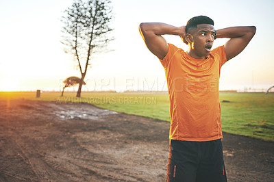 Buy stock photo Break, tired and black man in park for exercise, long jump practice or workout for skill development. Fitness, sunset or exhausted athlete by sand pit for technique training, rest or landing drills