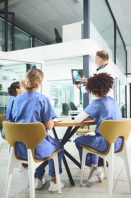 Buy stock photo Surgeon, meeting and nurses with xray in hospital for chest assessment, fracture analysis and diagnosis. People, healthcare and teamwork with lung scan, pulmonology radiography and medical treatment